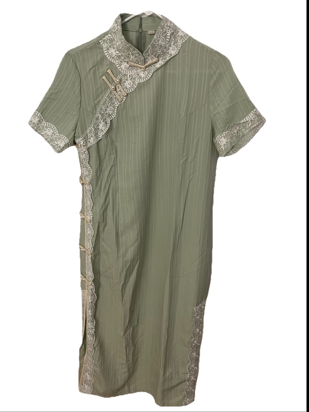 Olive Green Lace-Trim Cheongsam Dress